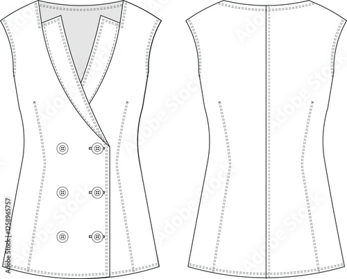 collared v neck sleeveless tailored darted double breasted buttoned long vest waistcoat jacket denim jean template technical drawing flat sketch cad mockup fashion woman design style model 

