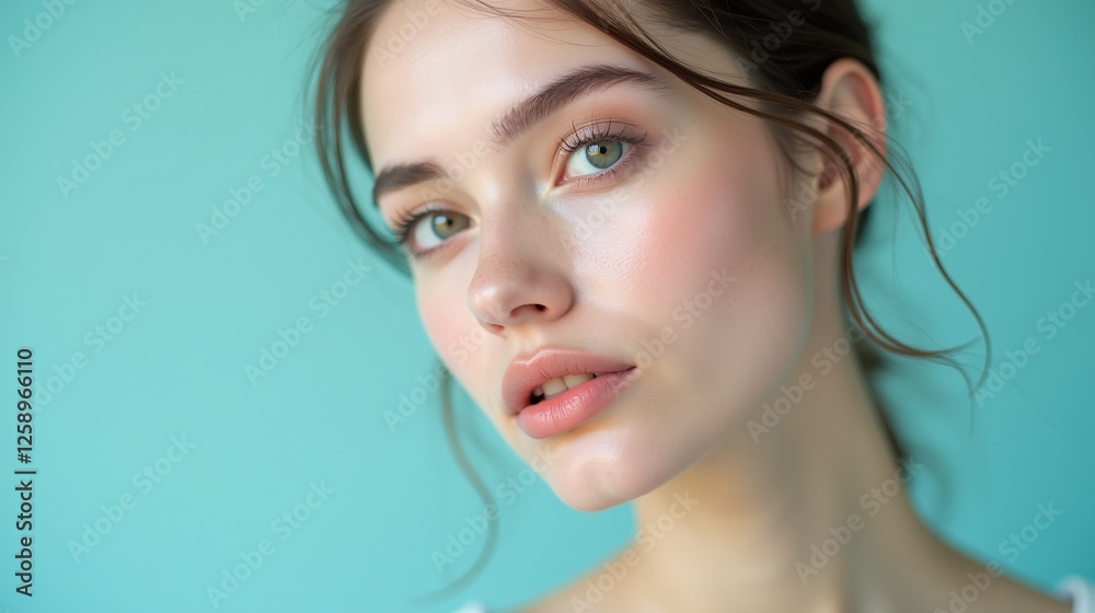 A gentle portrait of a woman with a serene expression, set against a soft blue background. A gentle portrait of a woman with a serene expression, set against a soft blue background.