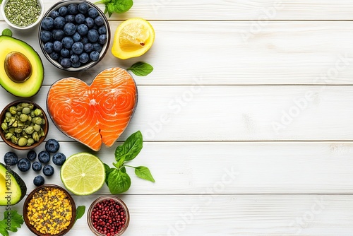 Heart symbol embodying ideas of a ketogenic, low-carb diet. Healthy food ingredient choices shown on a white wooden background. Balanced ingredients featuring unsaturated fats for cardiovascular