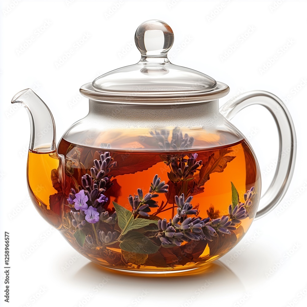 A transparent glass teapot filled with herbal tea, infused with fresh lavender and leaves, isolated on a white background. A transparent glass teapot filled with herbal tea, infused with fresh lavender and leaves, isolated on a white background.