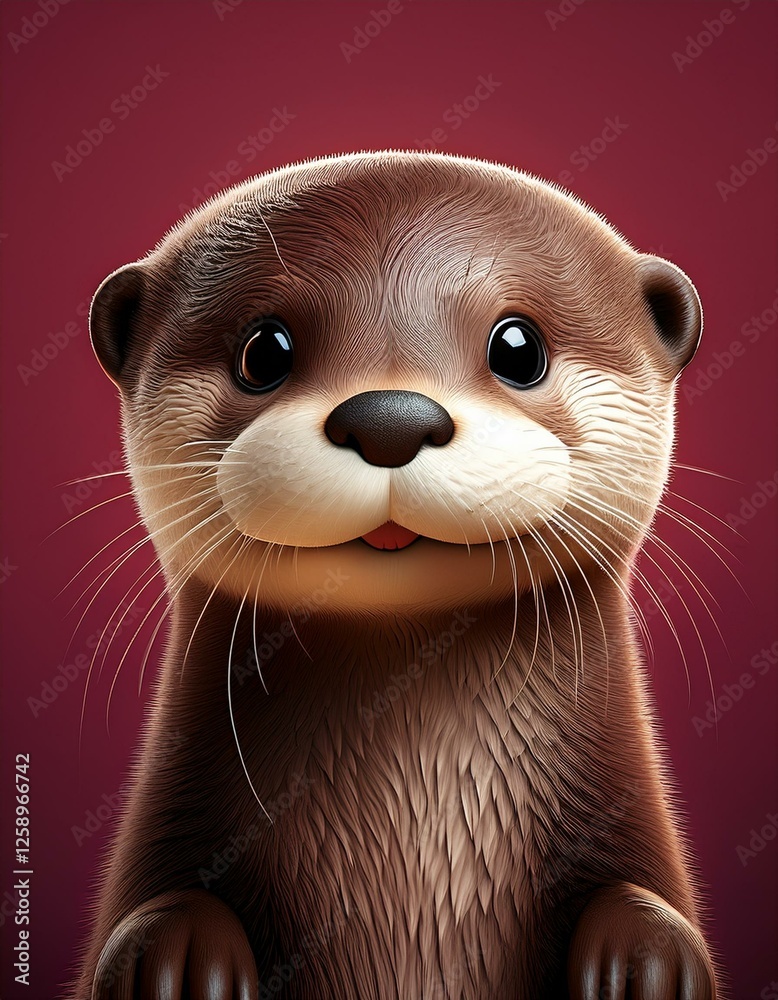 Fototapeta premium Niedlicher Fischotter, weinroter Hintergrund