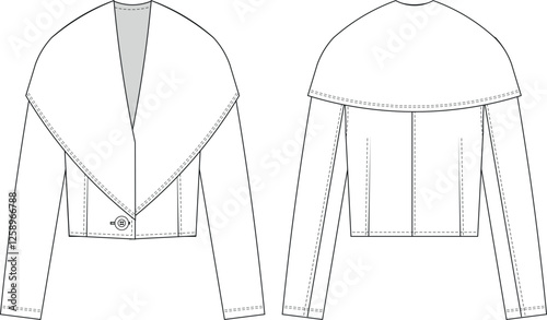 cape collar buttoned darted tailored long sleeve v neck short cropped crop jacket coat cardigan template technical drawing flat sketch cad mockup fashion woman design style model 
