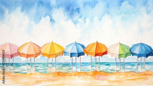 Colorful Beach Umbrellas and Lounge Chairs on Sandy Shore with Blue Ocean and Sky. Summer Vacation, Relaxation, Tropical Paradise, Watercolor Art