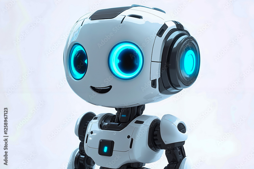 A white robot with blue eyes standing in front of a white background A white robot with blue eyes standing in front of a white background