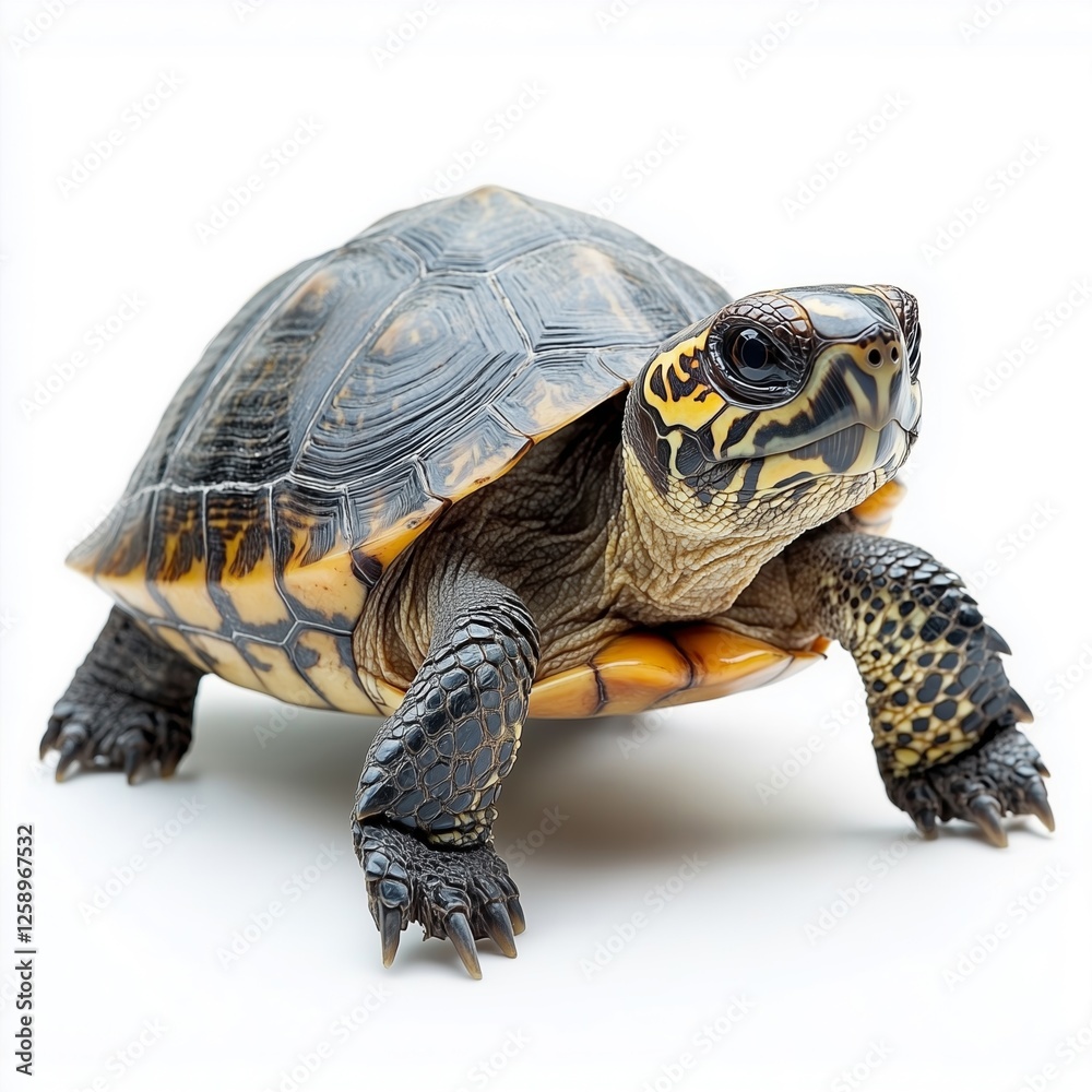 Fototapeta premium Turtle isolated on a white background with detailed shell pattern.