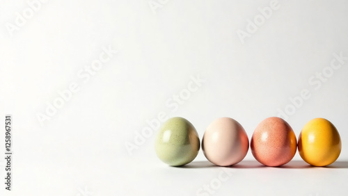 A minimalist Easter composition with four pastel-colored eggs arranged on a clean white background with empty space on the left side for text, for banners or greeting cards