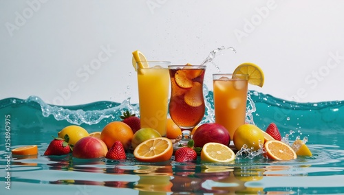 Realistic waterwave splash featuring colorful beverages iced tea fruity cocktails and citrusy drinks with fruit bits photo
