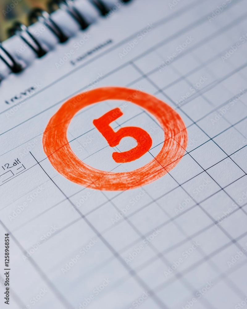 Fototapeta premium Number 5 circled in red on a calendar page