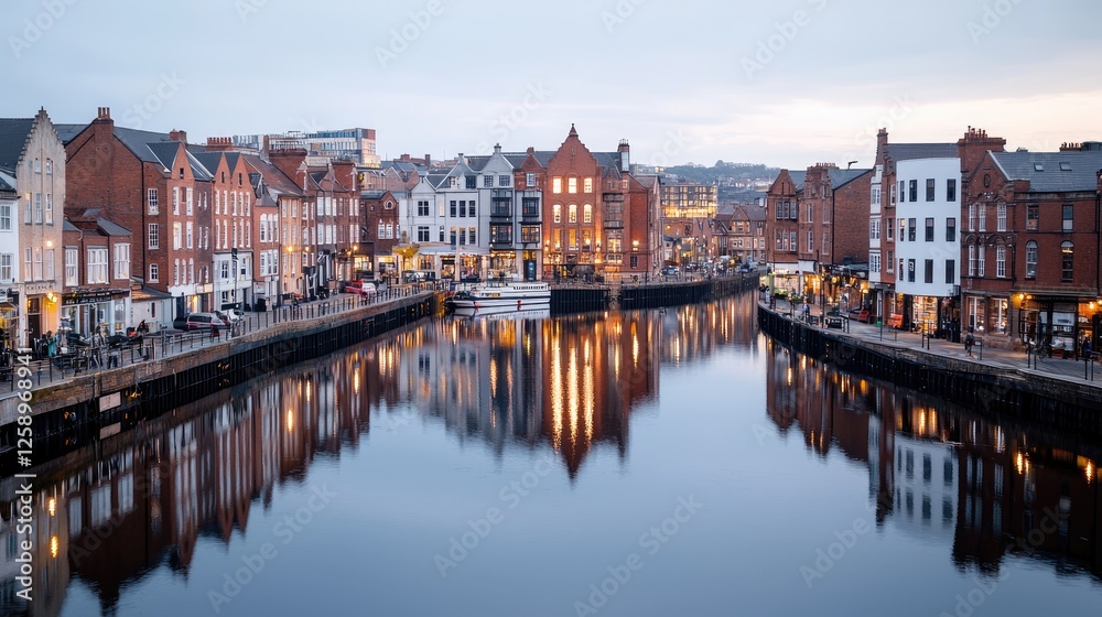 Fototapeta premium City canal twilight reflection, shops, buildings, boats