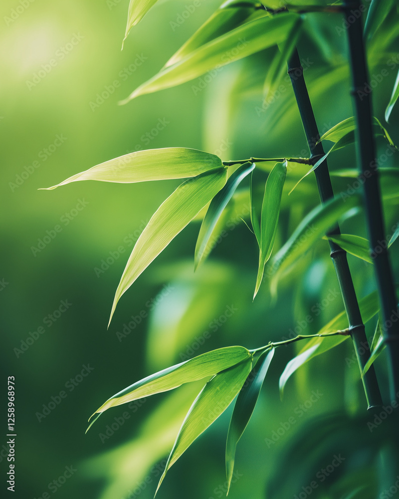 Fototapeta premium Lush green bamboo stalks and leaves in soft natural light