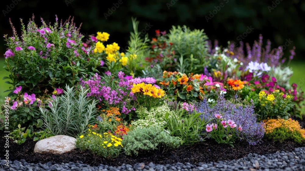 Fototapeta premium Colorful flower bed in garden, vibrant display, landscaping