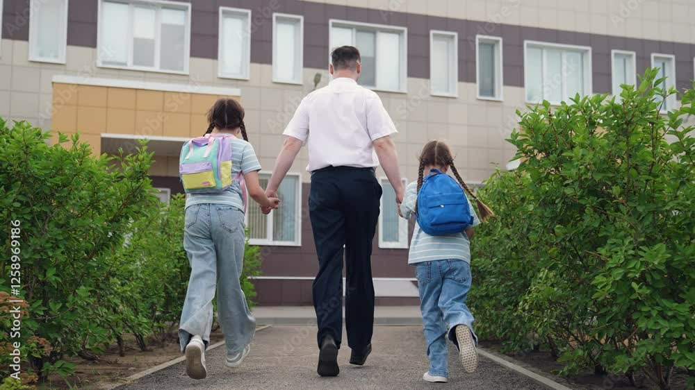child kid holding father hand running with backpacks school, happy family, view from back, child kid girls parent father run lessons, bell lesson, man child leads school lesson, concept happy family