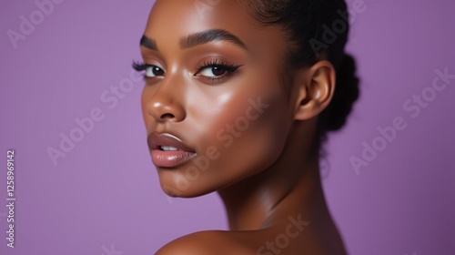 A serene individual with glowing skin and meticulously styled hair, set against a soft, lilac backdrop. photo