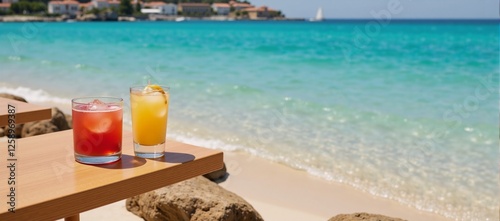 Drinks One cocktail  another beverage placed near an ocean view
