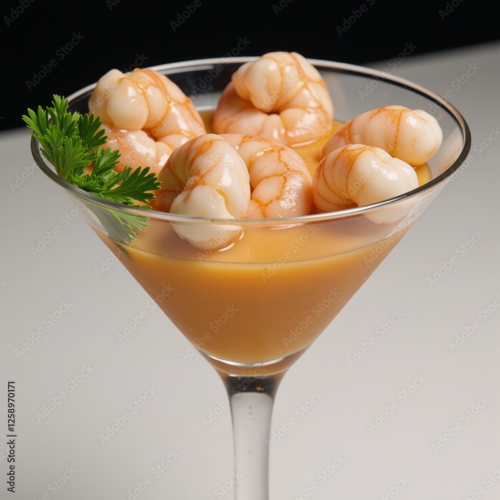 Sleek martini glass showcases fresh shrimp cocktail with tangy sauce and green parsley garnish