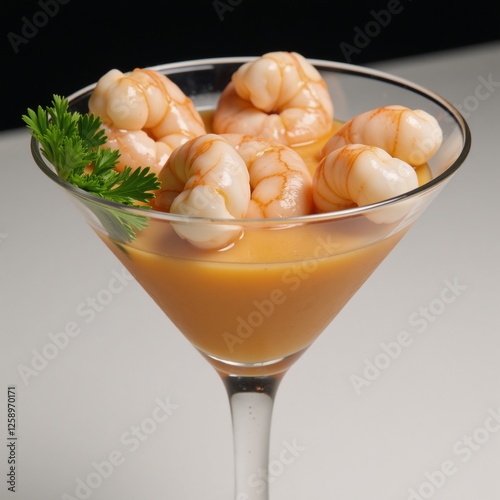 Obraz na płótnie Sleek martini glass showcases fresh shrimp cocktail with tangy sauce and green parsley garnish w salonie