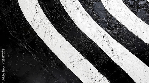Close-up view of zebra crossing, symmetrical white stripes on dark road texture. Serpentine Cities. Illustration