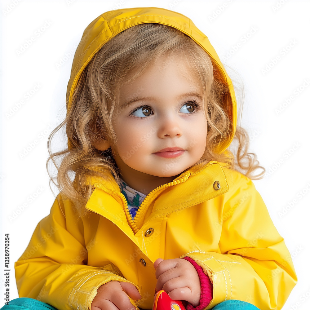 Caucasian toddler wearing rain boots and a yellow jacket smiles joyfully against a white background Caucasian toddler wearing rain boots and a yellow jacket smiles joyfully against a white background