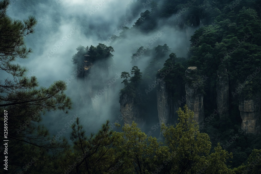 Fototapeta premium Misty Floating Sandstone Pillars in Lush Forest