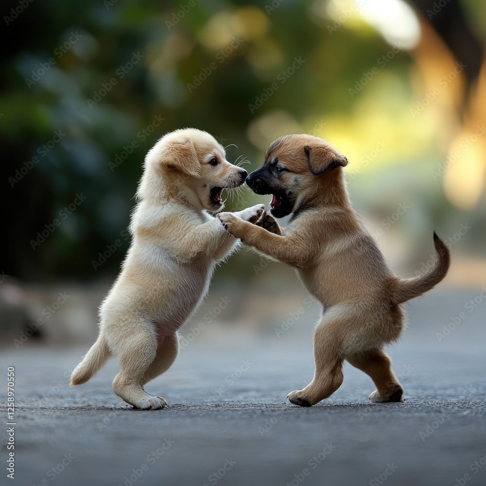 Intense Clash: Street Dogs Engaged in a Playful Fight Amidst a Dynamic Urban Scene Intense Clash: Street Dogs Engaged in a Playful Fight Amidst a Dynamic Urban Scene