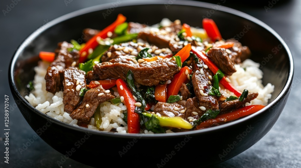 Close-up of rice and beef and vegetable stir-fry with soy sauce in a black bowl, emphasizing savory and robust flavors. Ideal for Asian cuisine and quick meals. Close-up of rice and beef and vegetable stir-fry with soy sauce in a black bowl, emphasizing savory and robust flavors. Ideal for Asian cuisine and quick meals.