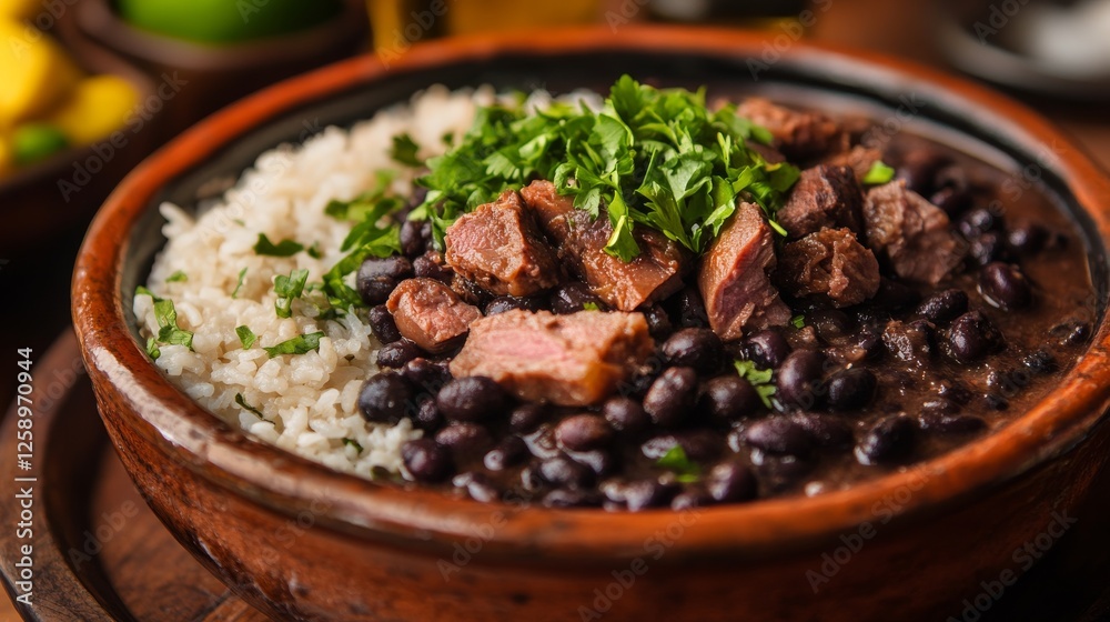 Close-up of rice and Brazilian feijoada with black beans and pork in a ceramic dish, emphasizing rich and hearty nature. Ideal for Brazilian cuisine and comfort food. Close-up of rice and Brazilian feijoada with black beans and pork in a ceramic dish, emphasizing rich and hearty nature. Ideal for Brazilian cuisine and comfort food.