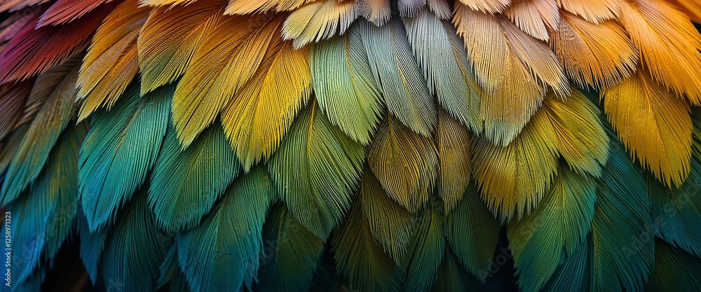 Obraz premium wide macro closeup background image of beautiful smooth finished natural bird feather texture with colorful and vibrant colour tones