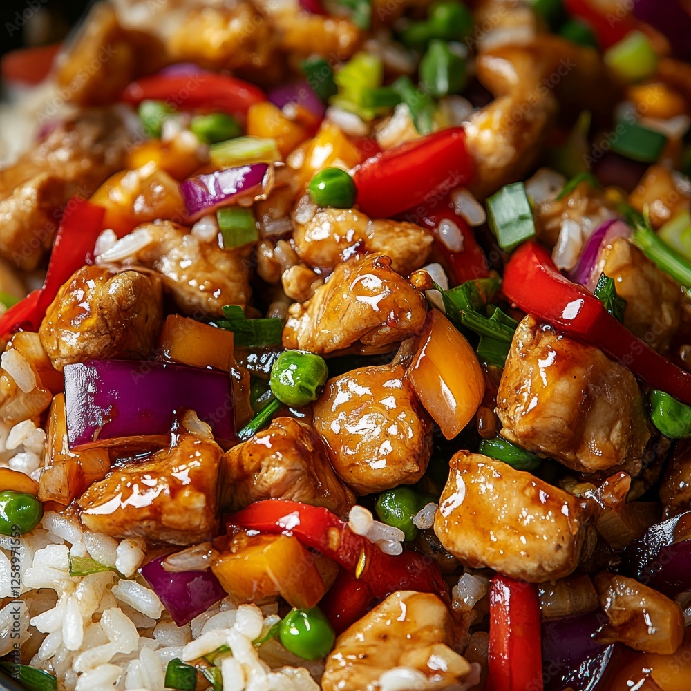 Close-up of a rice and chicken stir-fry with vegetables. Featuring a colorful and flavorful meal. Highlighting the texture and variety of ingredients. Ideal for food and culinary themes. Close-up of a rice and chicken stir-fry with vegetables. Featuring a colorful and flavorful meal. Highlighting the texture and variety of ingredients. Ideal for food and culinary themes.