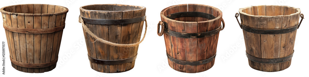 Old wooden bucket isolated on transparent background ,PNG, set of Old wooden bucket isolated on transparent background ,PNG, set of