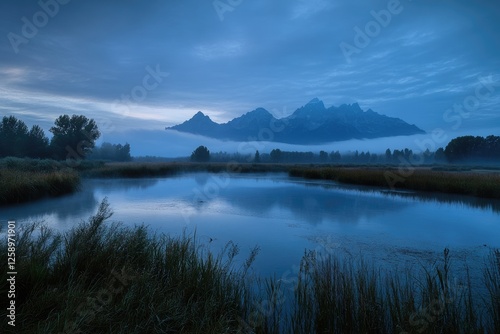 Breathtaking Sunrise over the Grand Teton Mountains at Schwabachers Landing in Wyoming's National Park photo