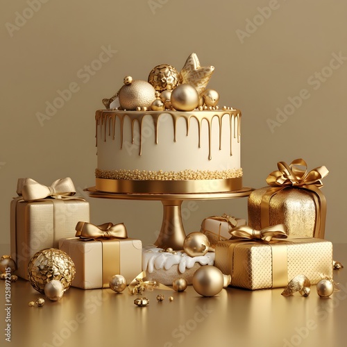 Elegant golden birthday cake with presents on a golden backdrop for a festive celebration