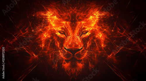 Fierce lion head geometric polygon art red and orange hues exploding mane. Fractal Beasts. Illustration photo