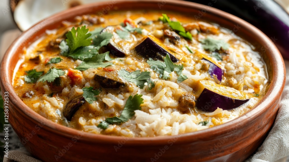 Close-up of rice and eggplant curry with coconut milk and cilantro in a terracotta bowl, emphasizing aromatic and creamy nature. Ideal for vegetarian recipes and exotic flavors. Close-up of rice and eggplant curry with coconut milk and cilantro in a terracotta bowl, emphasizing aromatic and creamy nature. Ideal for vegetarian recipes and exotic flavors.