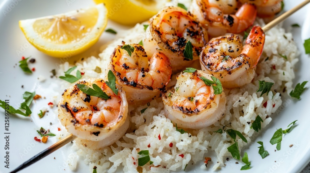 Close-up of rice and grilled shrimp skewer with lemon and herbs on a white plate, emphasizing fresh and zesty flavors. Ideal for seafood recipes and summer grilling. Close-up of rice and grilled shrimp skewer with lemon and herbs on a white plate, emphasizing fresh and zesty flavors. Ideal for seafood recipes and summer grilling.