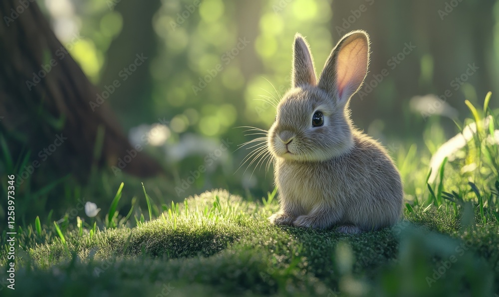 Adorable rabbit sitting on a soft grass patch, bright natural sunlight highlighting its fluffy fur, peaceful spring garden scene, fine detail Adorable rabbit sitting on a soft grass patch, bright natural sunlight highlighting its fluffy fur, peaceful spring garden scene, fine detail