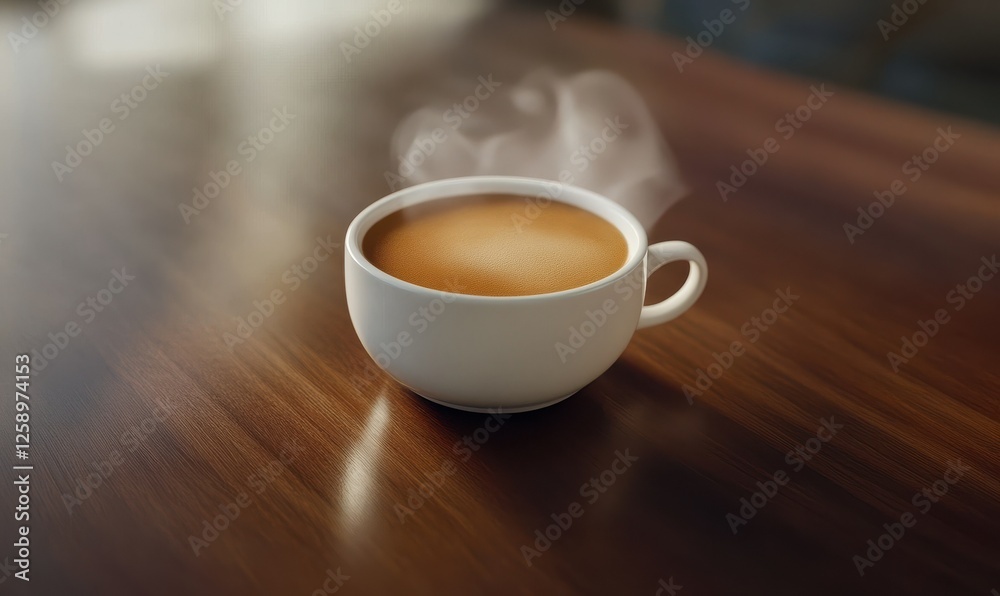 Obraz premium Aromatic cup of steaming coffee on dark wooden table, light haze drifting above rich brown liquid, comforting morning ritual.