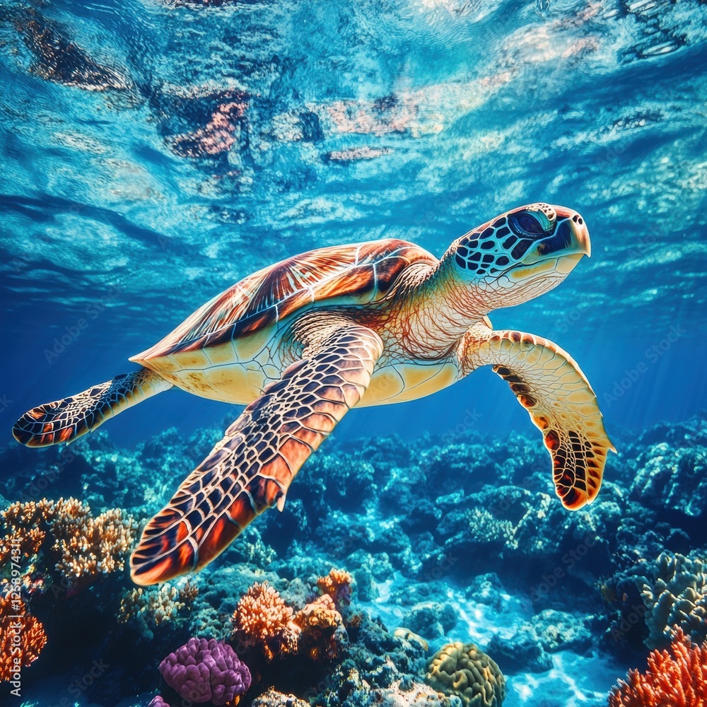 Fototapeta premium Graceful Sea Turtle Swimming Above Colorful Coral Reef