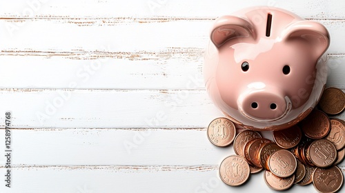 Cute pink piggy bank surrounded by scattered coins on a rustic wooden table photo