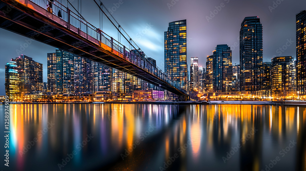 Obraz premium A person crossing a bridge over a river, with the city's lights reflecting on the water. The calm water contrasts with the city's vibrant lights