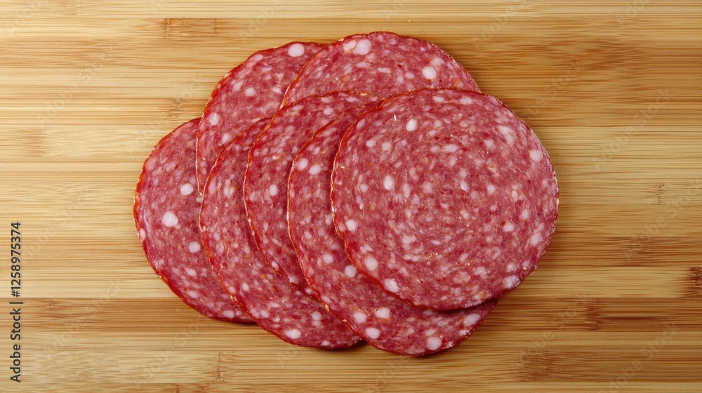 Artfully Arranged Cured Sausage and Salami Slices on Rustic Wooden Table, Top View for Lunch Inspiration Artfully Arranged Cured Sausage and Salami Slices on Rustic Wooden Table, Top View for Lunch Inspiration
