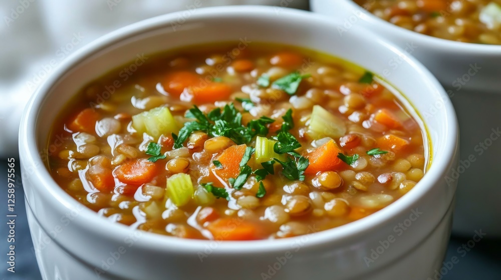 Close-up of rice and lentil soup with carrots and celery in a white ceramic bowl, emphasizing hearty and comforting nature. Ideal for cold weather meals and healthy eating. Close-up of rice and lentil soup with carrots and celery in a white ceramic bowl, emphasizing hearty and comforting nature. Ideal for cold weather meals and healthy eating.