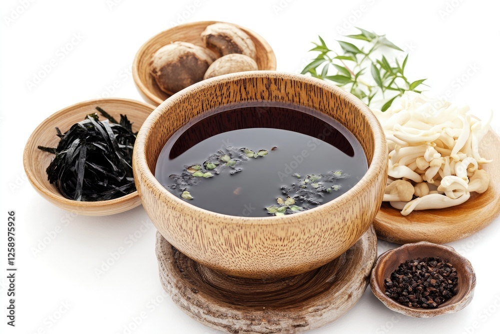 Exploring Umami: The Essence of Japanese Flavor in Traditional Dashi Soup Ingredients on a Clean White Background Exploring Umami: The Essence of Japanese Flavor in Traditional Dashi Soup Ingredients on a Clean White Background