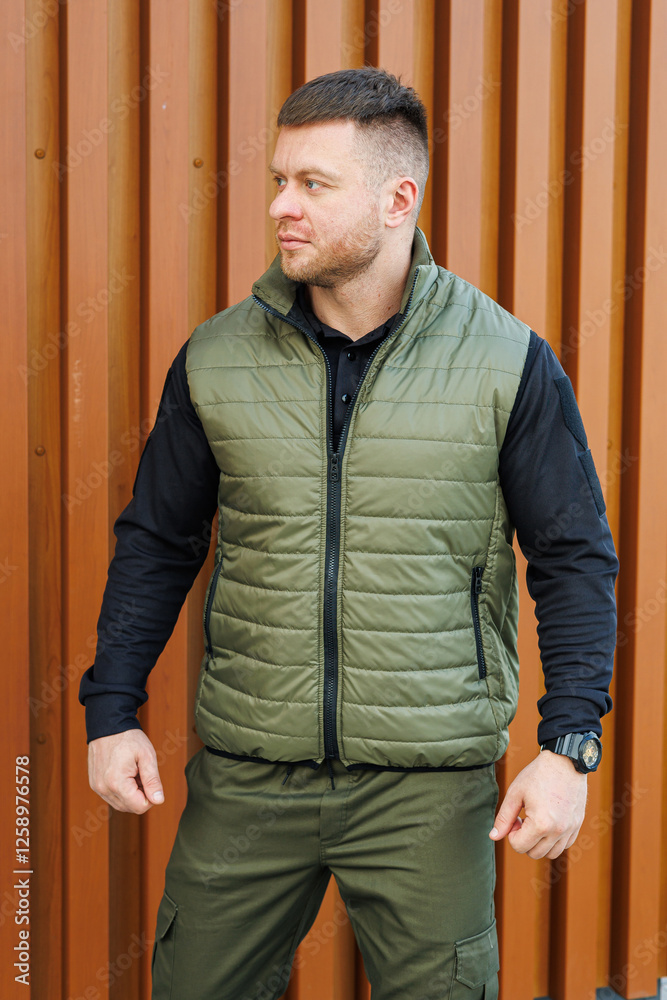 A stylish outdoor man is in an olive vest and tactical pants, ready for nature adventure