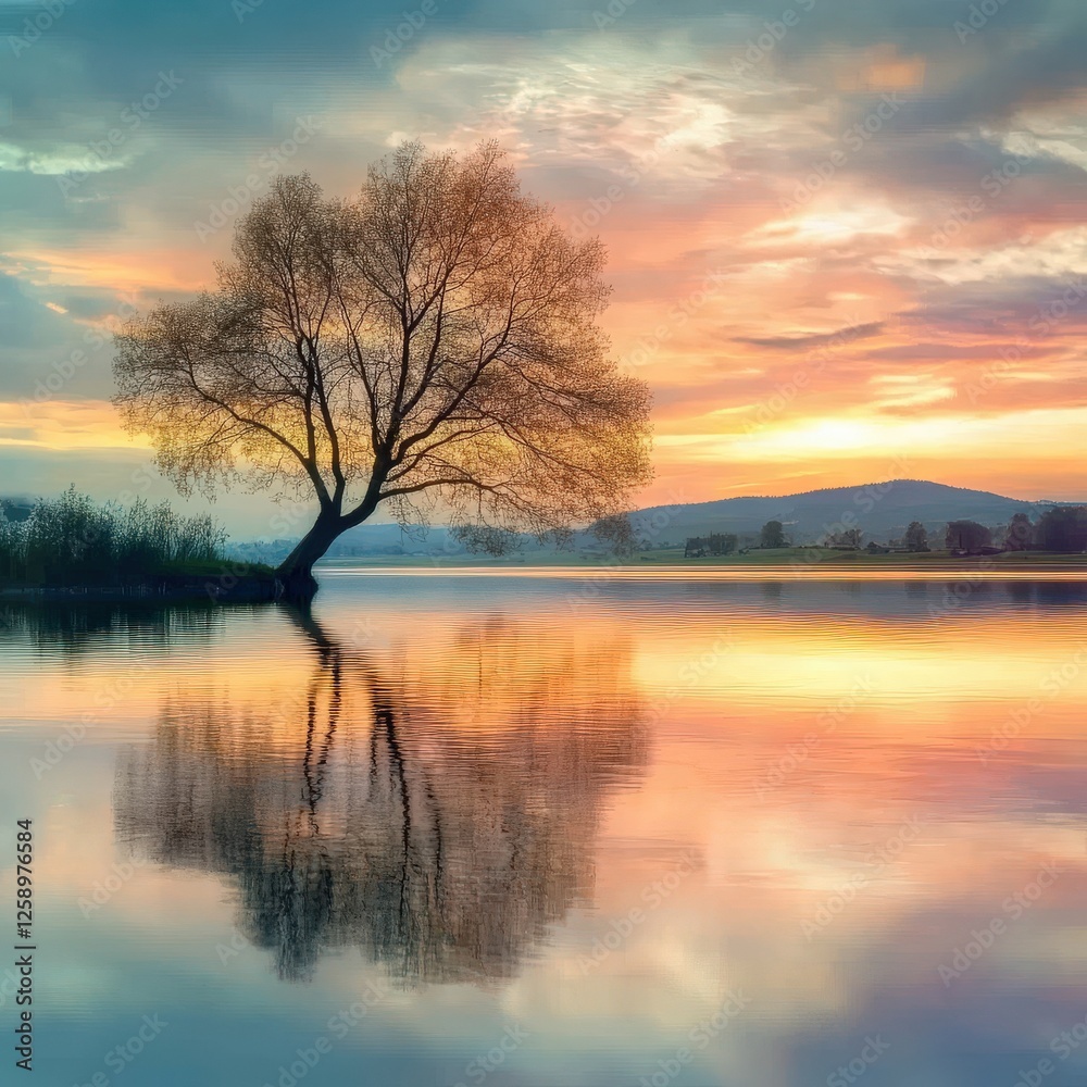 Tranquil Sunset Reflection Over Still Water and Solitary Tree Tranquil Sunset Reflection Over Still Water and Solitary Tree