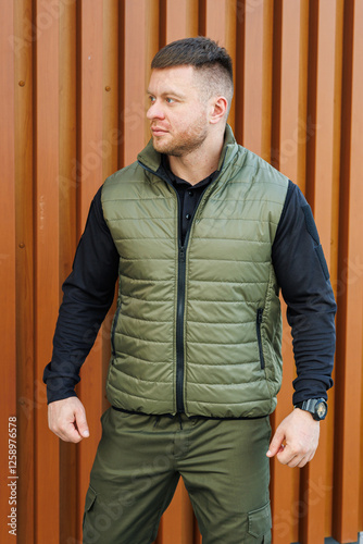 Obraz na płótnie A stylish outdoor man is in an olive vest and tactical pants, ready for nature adventure w salonie