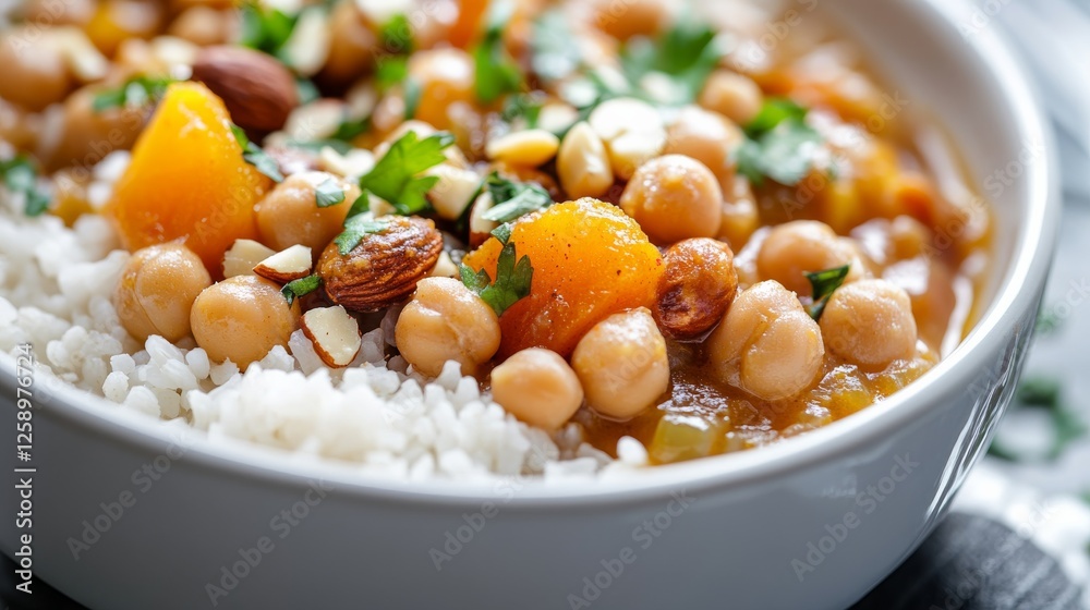 Close-up of rice and Moroccan chickpea stew with apricots and almonds in a white bowl, emphasizing sweet and savory qualities. Ideal for exotic cuisine and healthy meals. Close-up of rice and Moroccan chickpea stew with apricots and almonds in a white bowl, emphasizing sweet and savory qualities. Ideal for exotic cuisine and healthy meals.