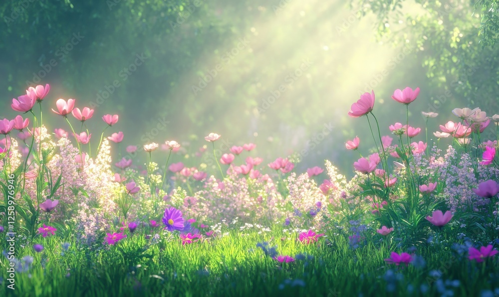 Fototapeta premium Blooming wildflowers in shades of pink and purple on a lush green meadow, soft light enhancing their natural beauty