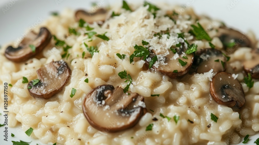 Close-up of rice and mushroom risotto with parsley and Parmesan cheese on a white plate, highlighting creamy texture and savory flavors. Ideal for Italian cuisine and gourmet recipes. Close-up of rice and mushroom risotto with parsley and Parmesan cheese on a white plate, highlighting creamy texture and savory flavors. Ideal for Italian cuisine and gourmet recipes.