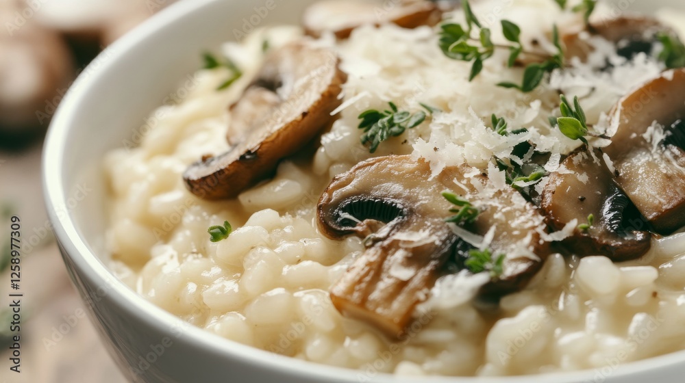 Close-up of rice and mushroom risotto with parmesan cheese and herbs in a white bowl, emphasizing creamy and savory qualities. Ideal for Italian cuisine and gourmet meals. Close-up of rice and mushroom risotto with parmesan cheese and herbs in a white bowl, emphasizing creamy and savory qualities. Ideal for Italian cuisine and gourmet meals.