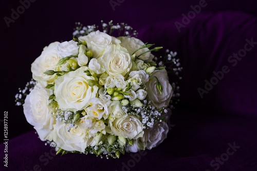 A delicate wedding bouquet with white roses, eustoma, and gypsophila, softly illuminated against a deep, moody backdrop.